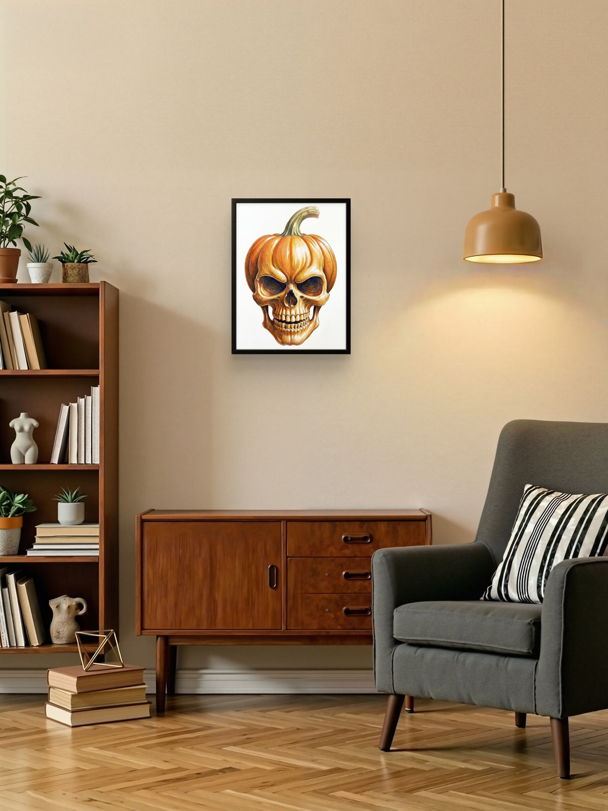 Pumpkin skull Halloween wall art displayed framed on a wall