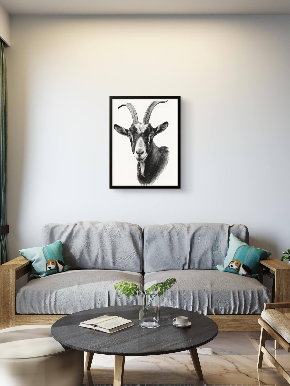 Majestic Goat pencil drawing displayed framed on a wall