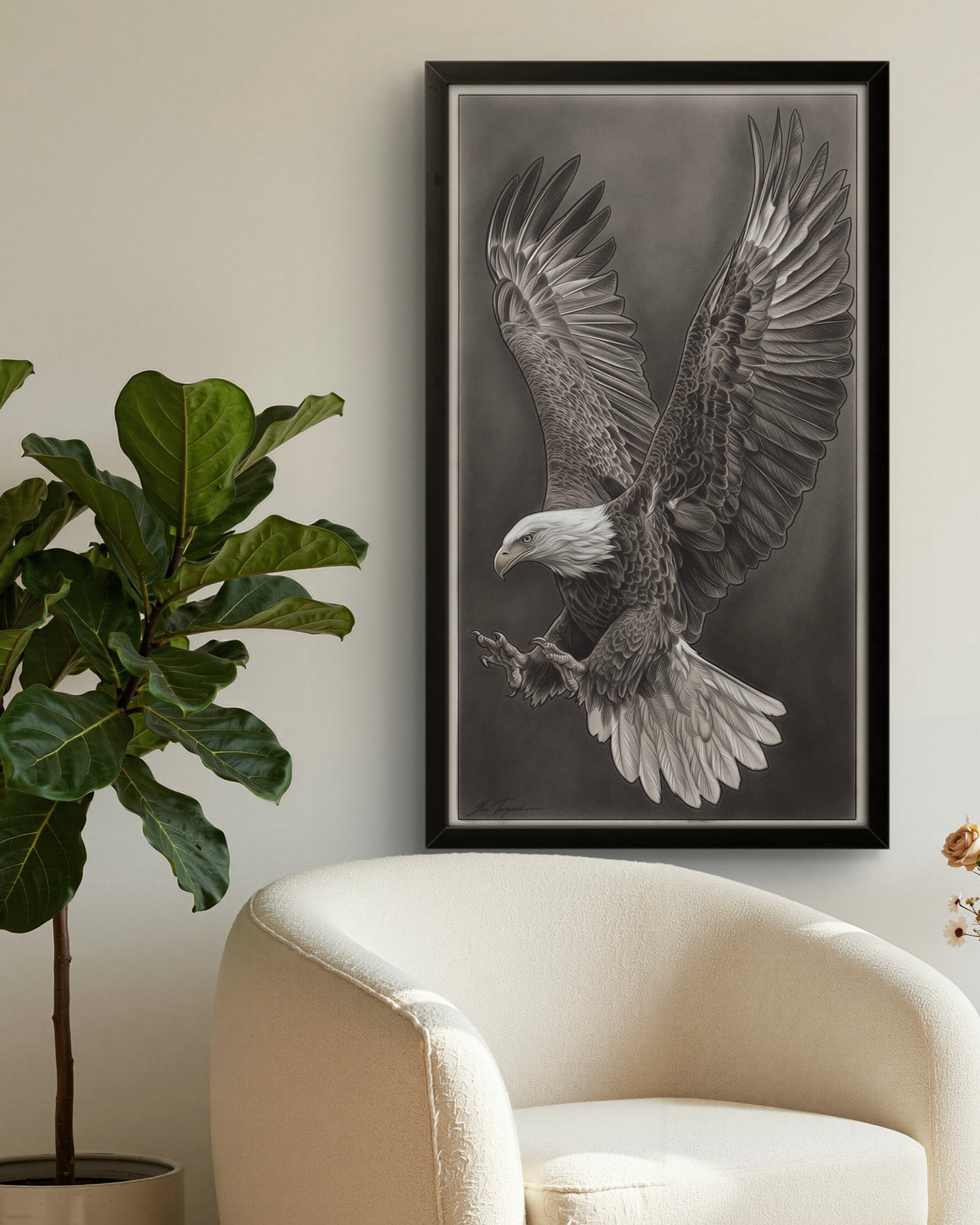 Eagle pencil drawing titled Majestic Eagle, 27x40 inch hand-drawn artwork