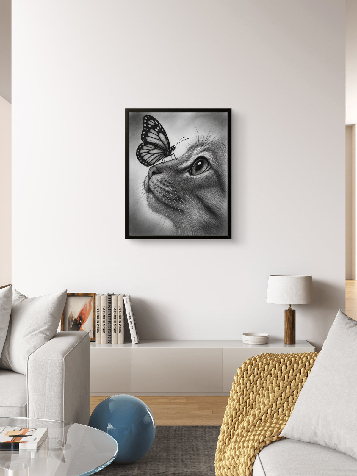 Cat & Butterfly – Realistic Black and White Pencil Art