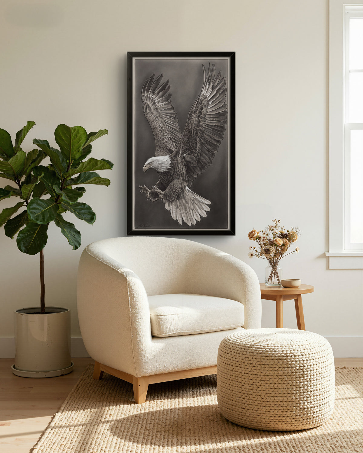 Majestic Eagle pencil drawing displayed framed on a wall