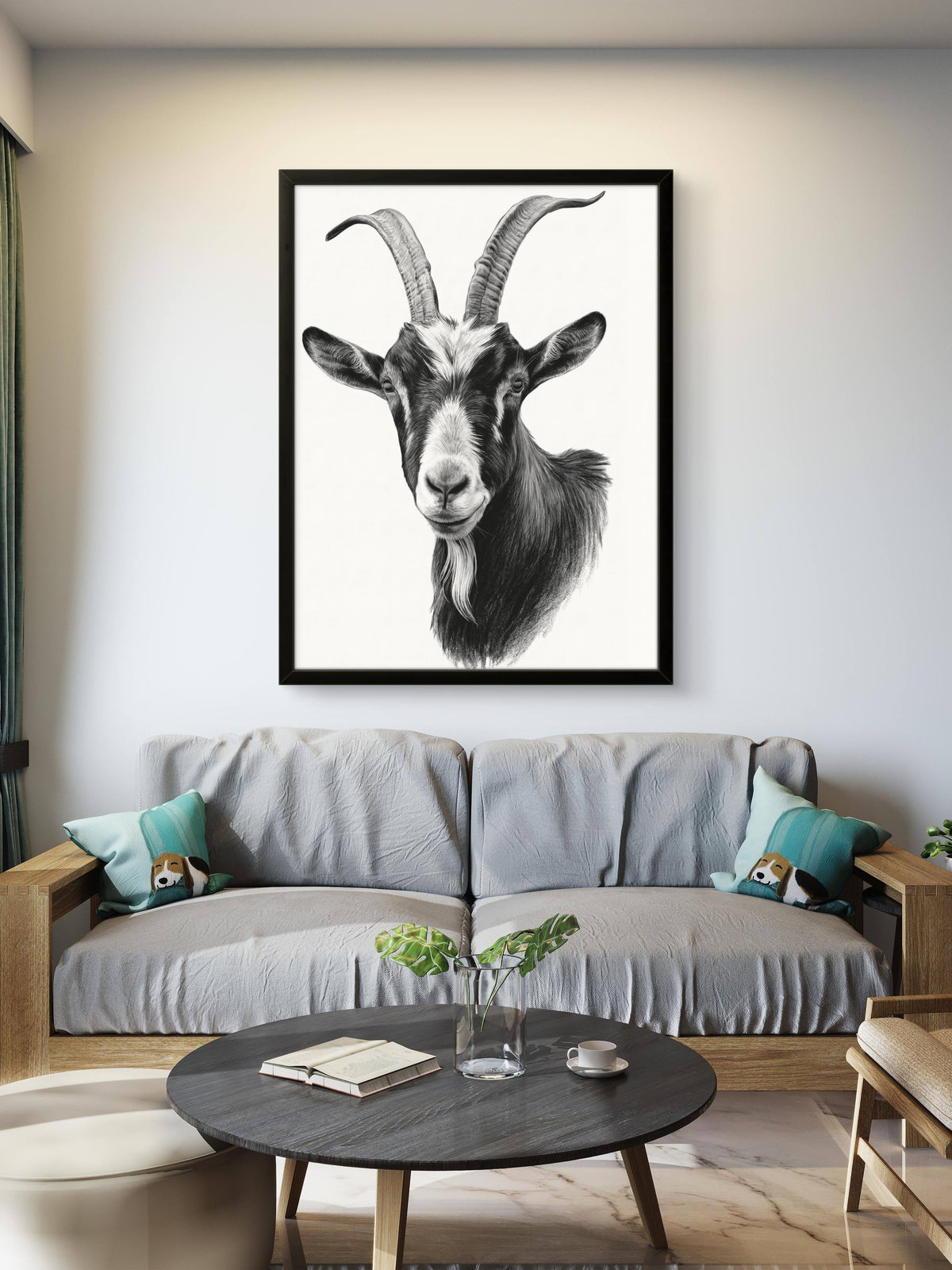 Goat pencil drawing titled Majestic Goat, hand-drawn artwork