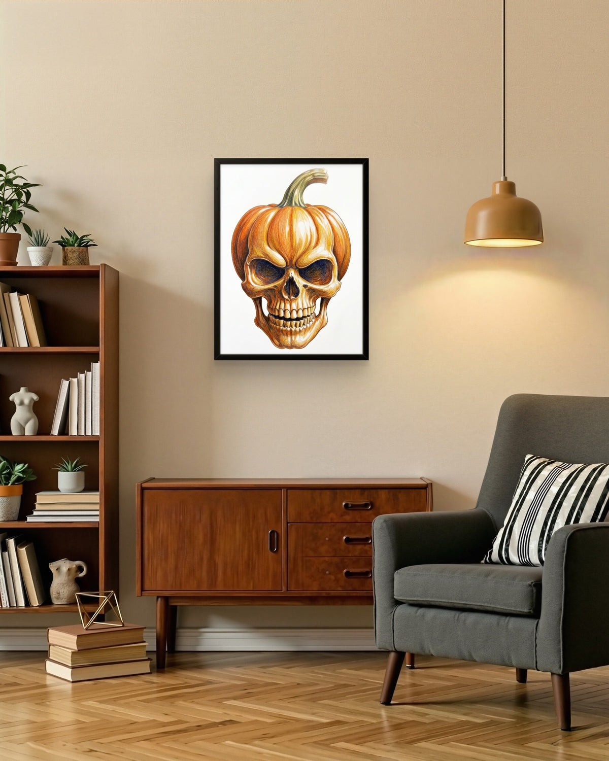 Pumpkin skull Halloween wall art displayed framed on a wall