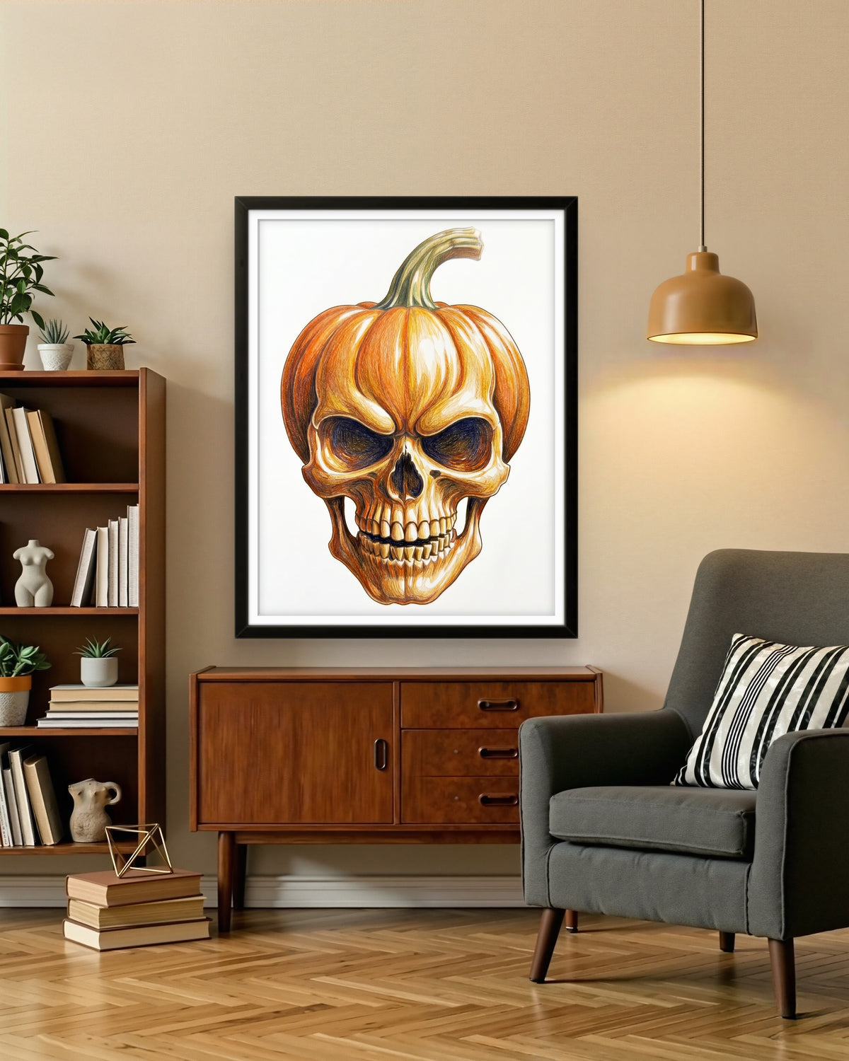 Detail of colored pencil shading in Halloween wall art pumpkin skull design