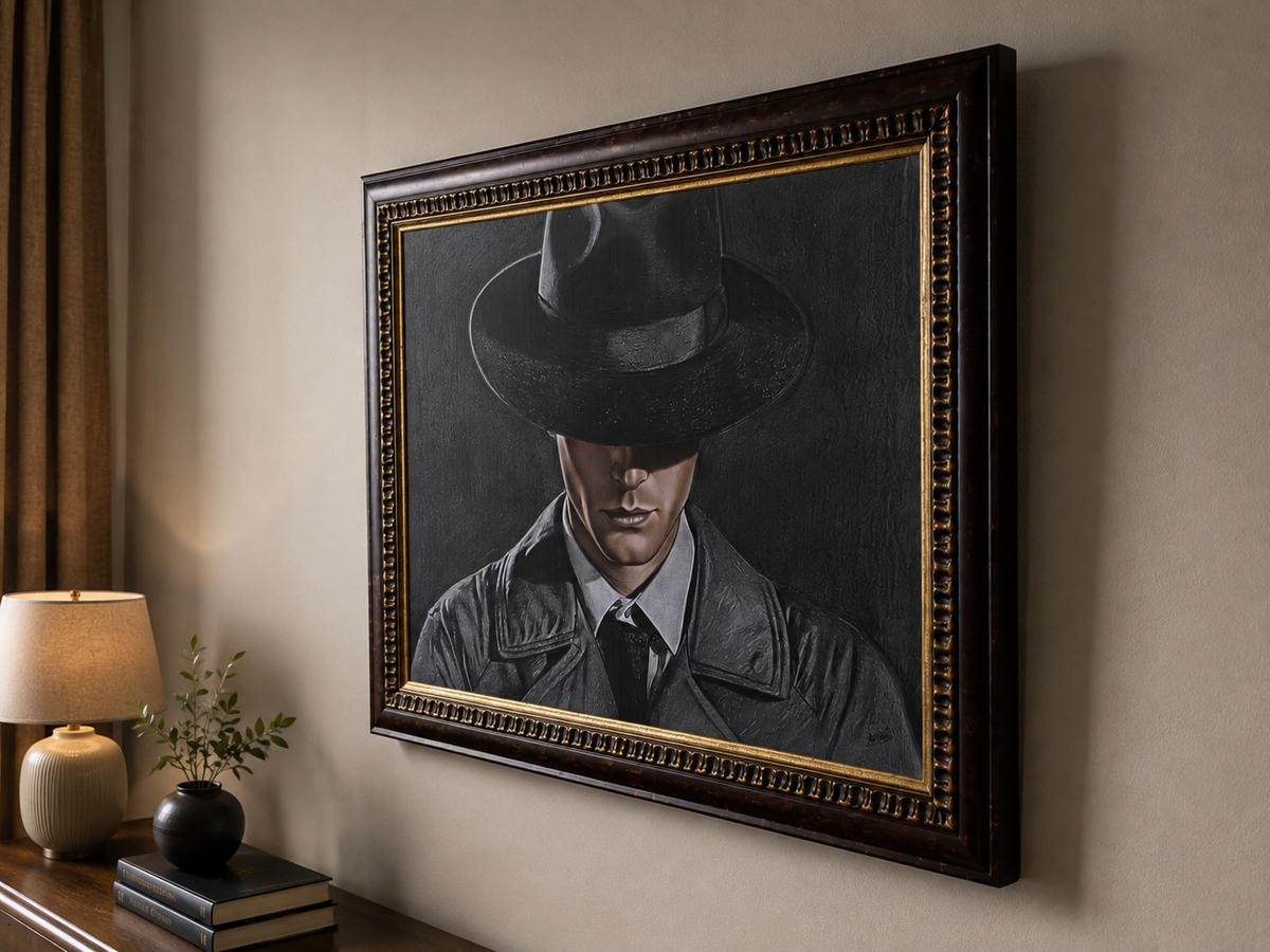 The Silent Gentleman original pencil art displayed framed on a wall