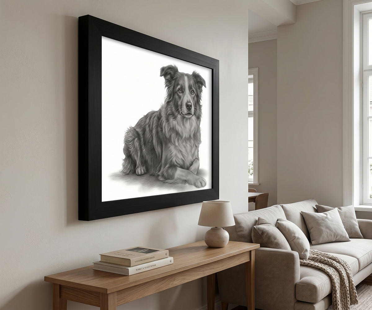 Dog sketch art of a Border Collie, 20x24 inch hand-drawn artwork in black frame