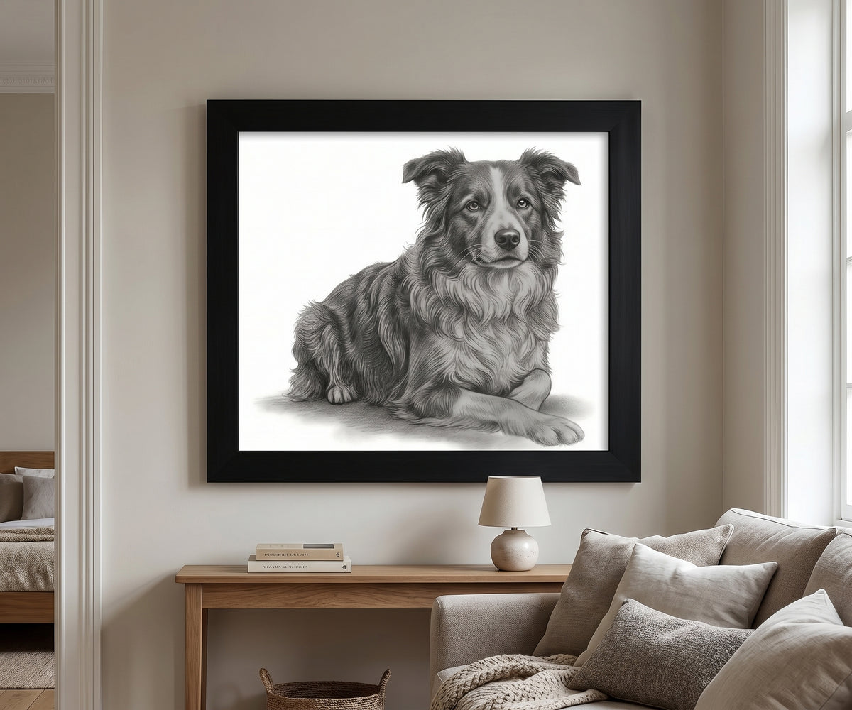Border Collie dog sketch art displayed in black frame on a wall