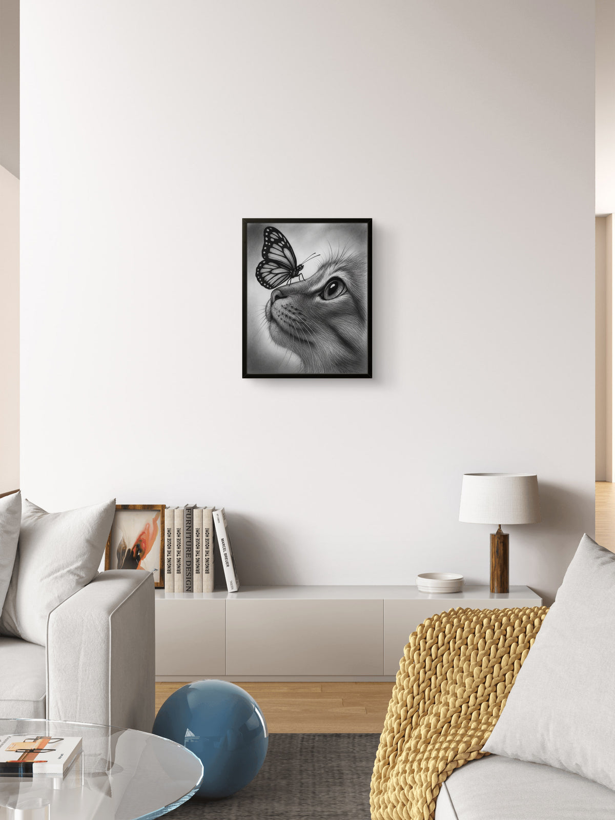Cat & Butterfly – Realistic Black and White Pencil Art