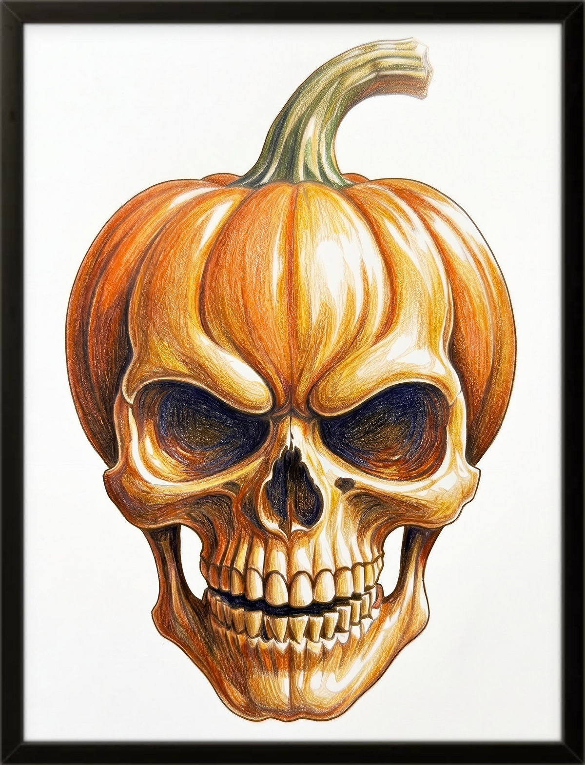 Halloween wall art pumpkin skull, hand-drawn colored pencil artwork