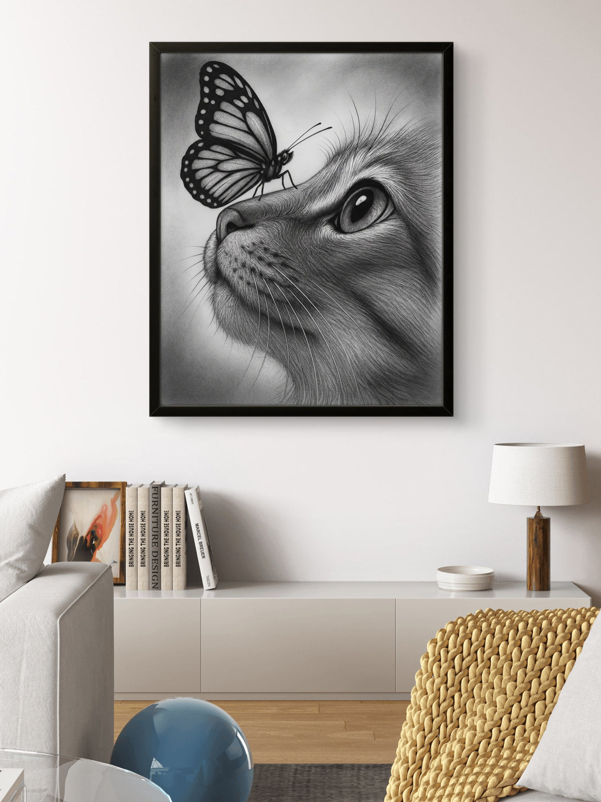 Cat & Butterfly – Realistic Black and White Pencil Art